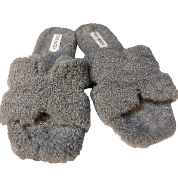 Steve Madden Womens Gray Fuzzy Open-Toe Slide Slippers Size 8 - Picture 2 of 5